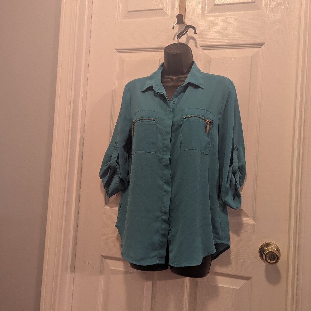 Icy teal shirt with handmade layered skirts -Large Belt NOT Included - Picture 5 of 6